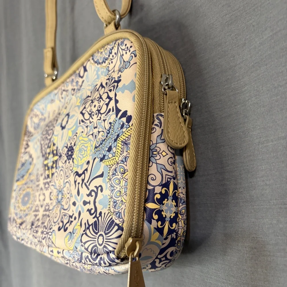 MultiSac Crossbody Purse Bag Beige & Blue Floral Casablanca Zip Pockets